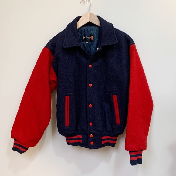 Vintage Jackets & Blazers - VTG Navy & Red Wool Varsity Bomber Jacket
